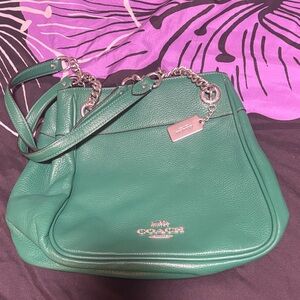Coach Green Leather Shoulder Bag with Silver Accents